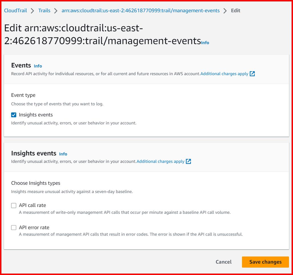 Picture showing the screen for selecting the different options on the insight events